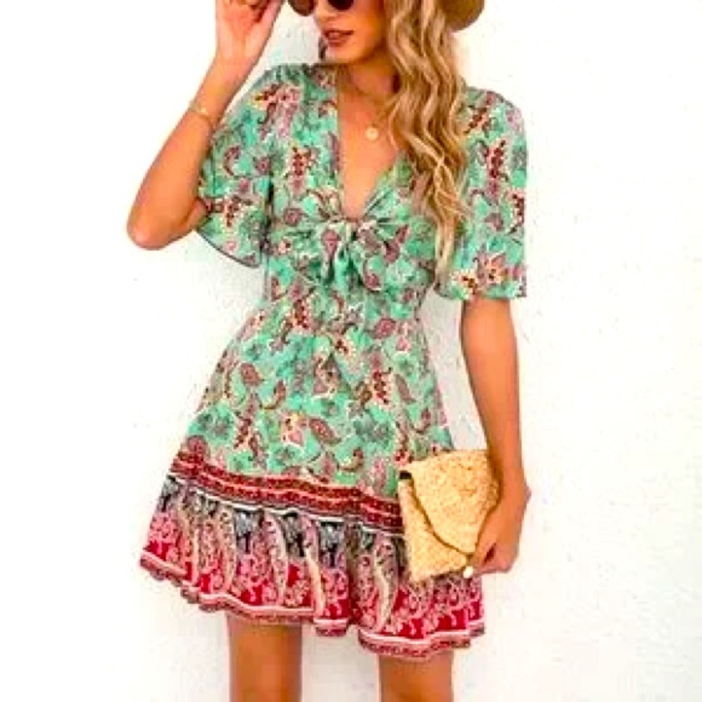 Pink Ripple women’s size Large front tie and cut out boho paisley mini dress
